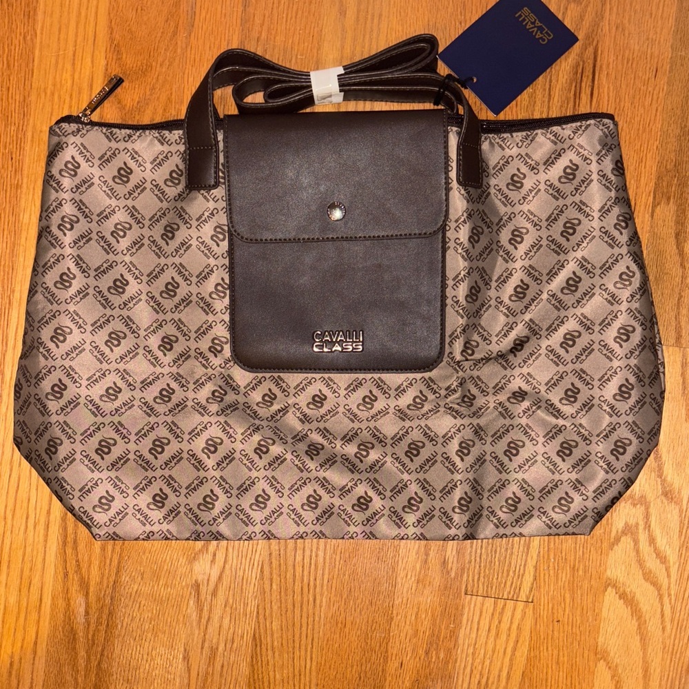 Cavalli Class Tan and Black Patterned Tote Bag